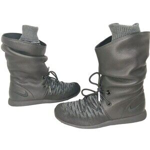Nike Roshe 2 Hi Flyknit Slouch Leather Boots Sz 7 All Black Gray 861708 *Nice*